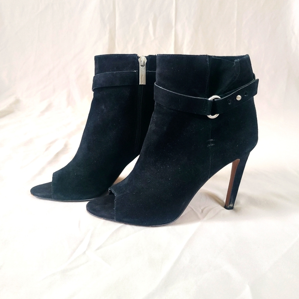 BCBG Black Suede Peep Toe Stiletto Ankle Booties Silver Hardware Size 7.5